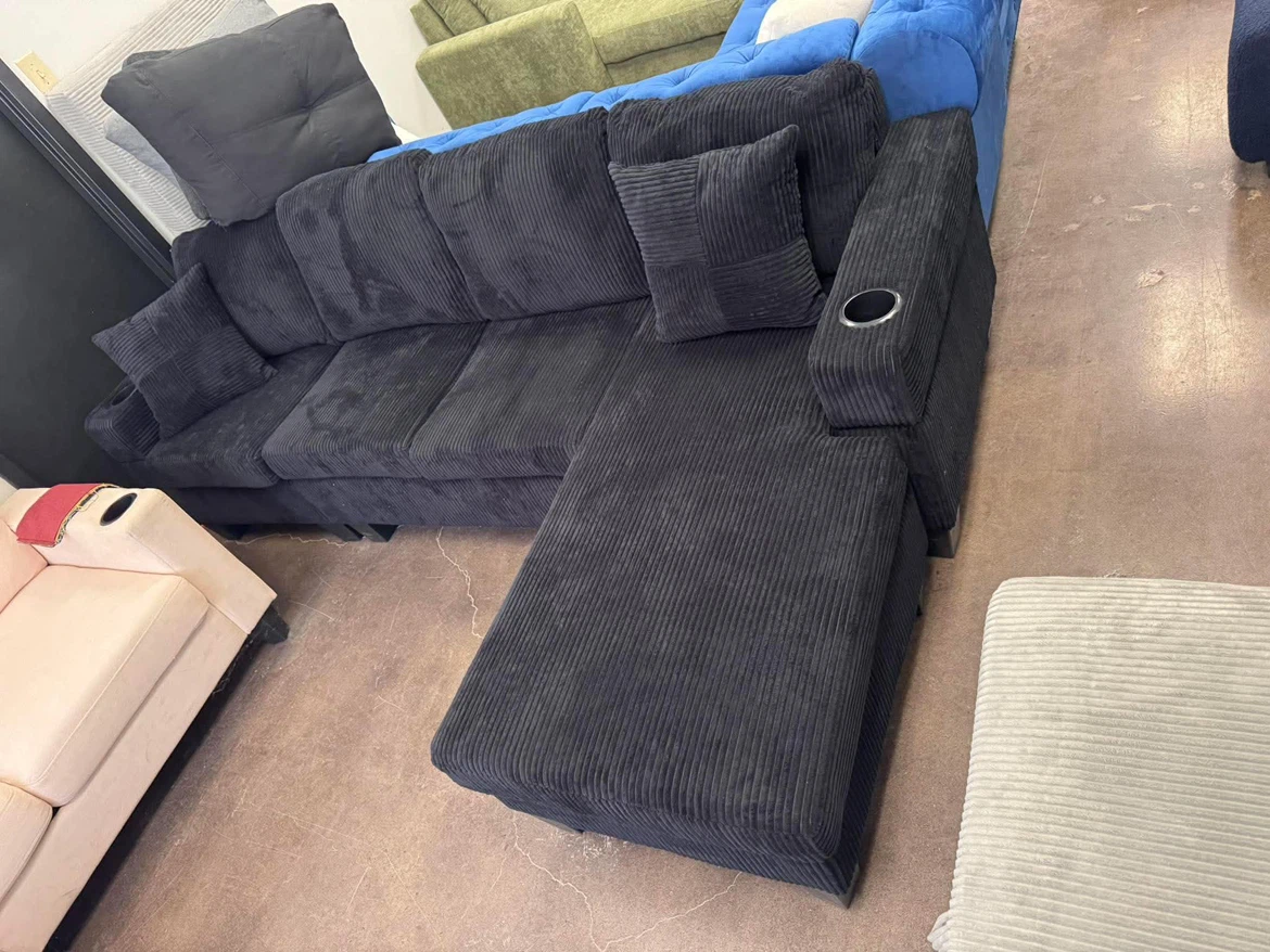 Black Corduroy Sectional Sofa with Cup Holder