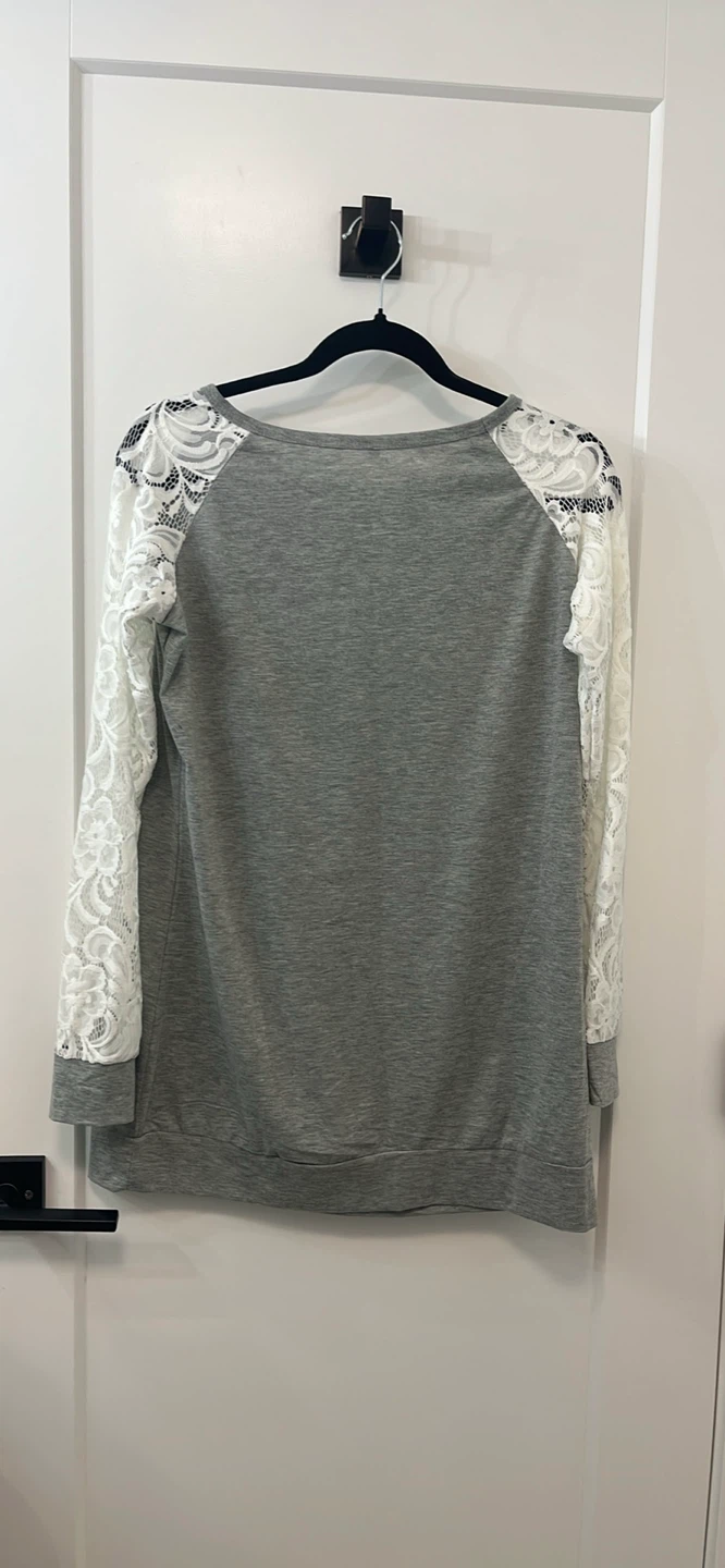 Grey Long Sleeve Shirt with White Lace Details