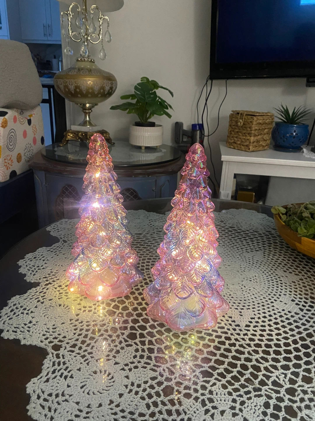 Set of Two Iridescent Glass Christmas Trees