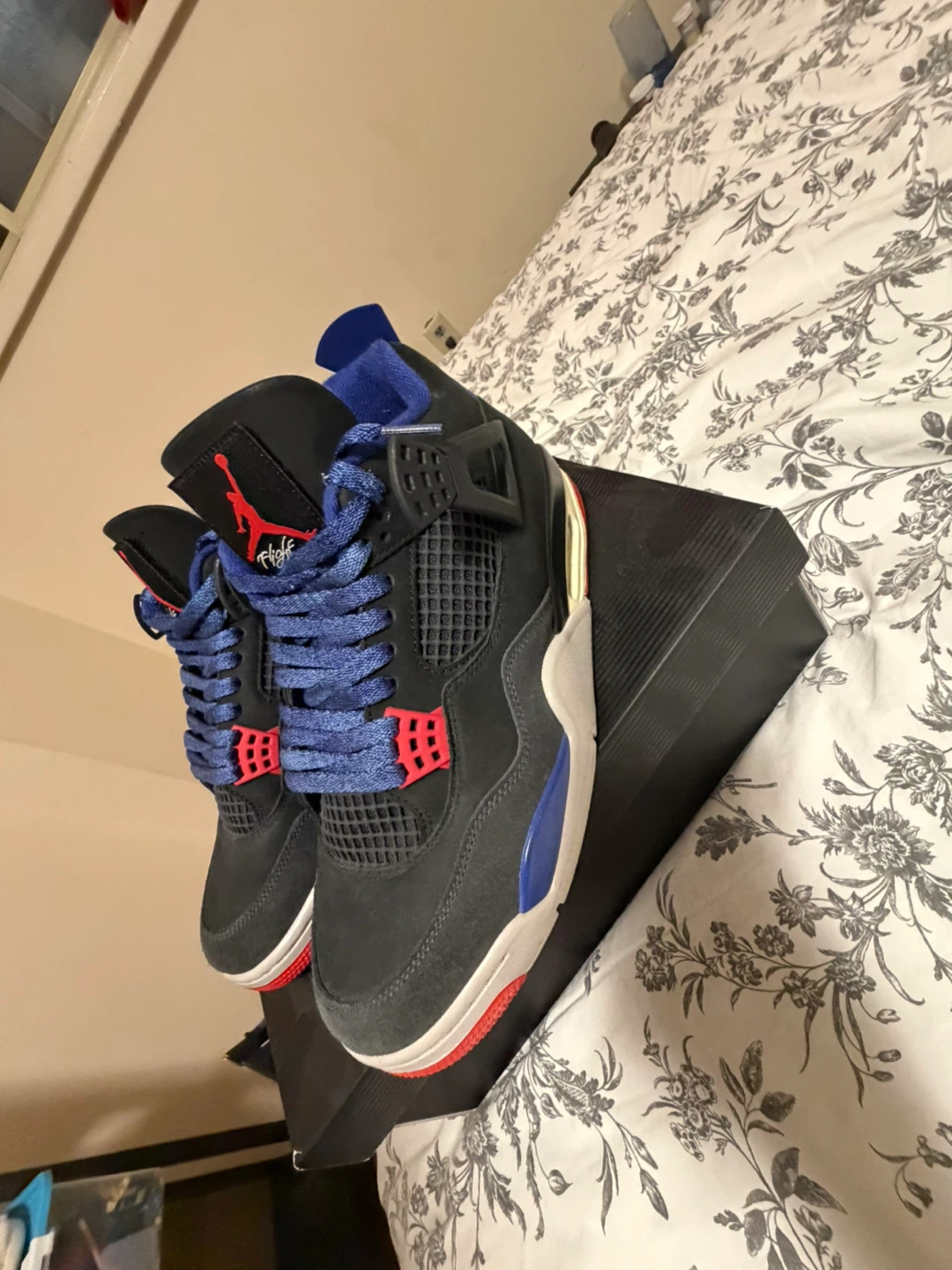 Air Jordan 4 Retro Black/Fire Red-Deep Royal Blue Size 10