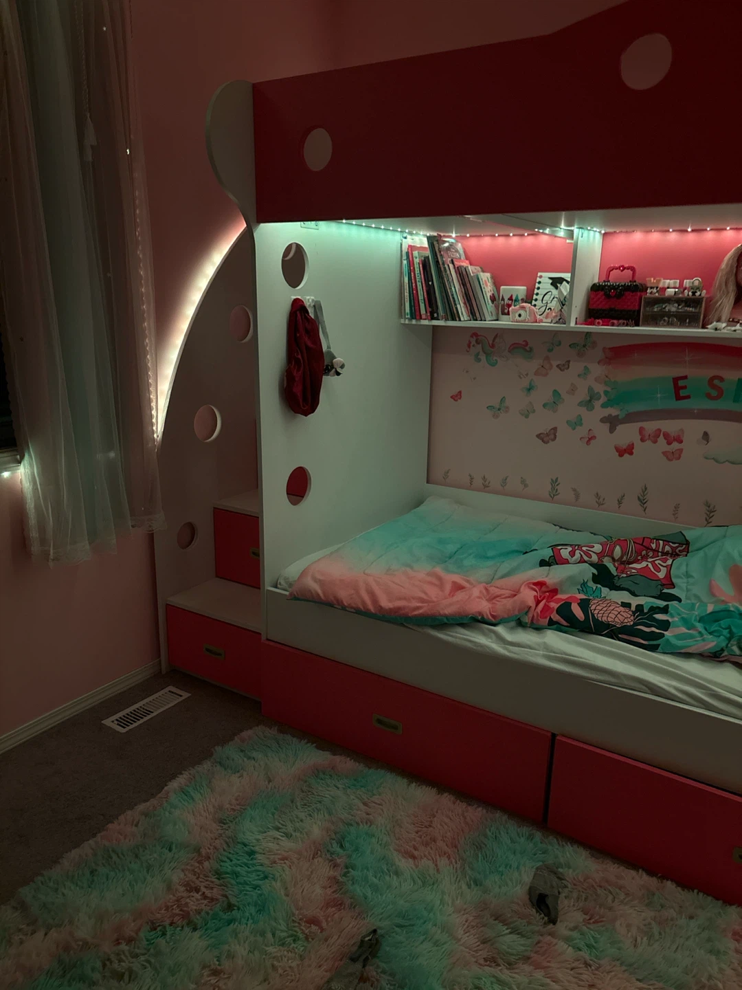 Girls Pink and White Loft Bed with Storage