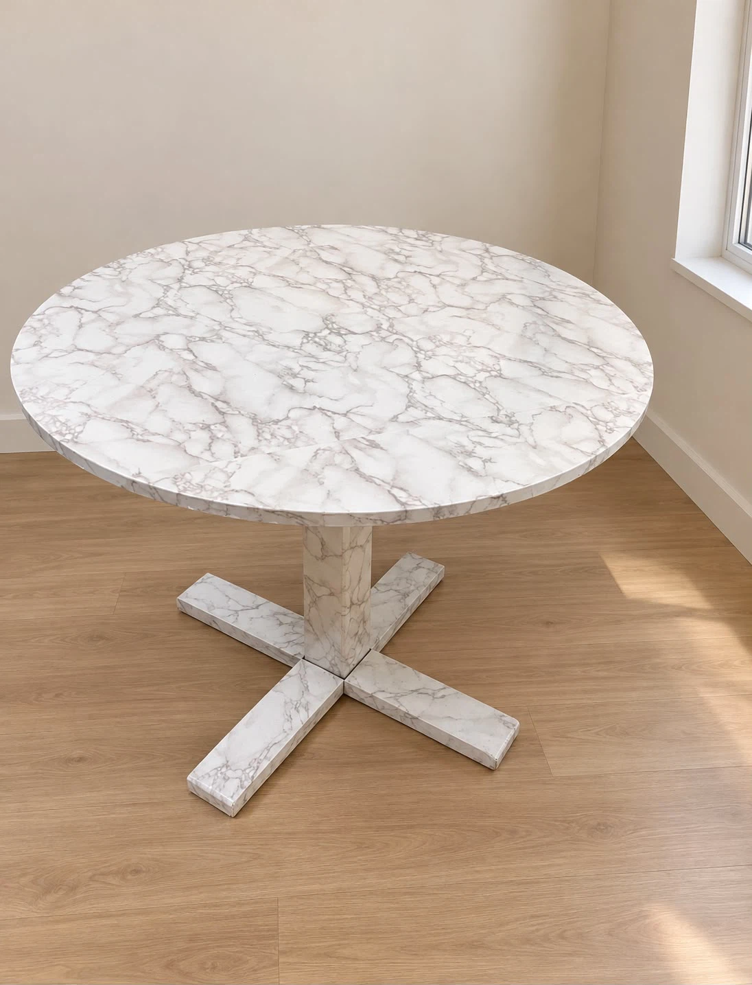 Round White Marble-Look Dining Table