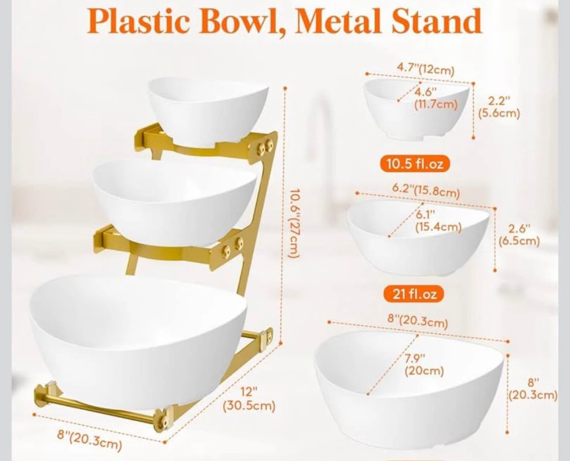 3-Tier Plastic Serving Bowls with Gold Metal Stand