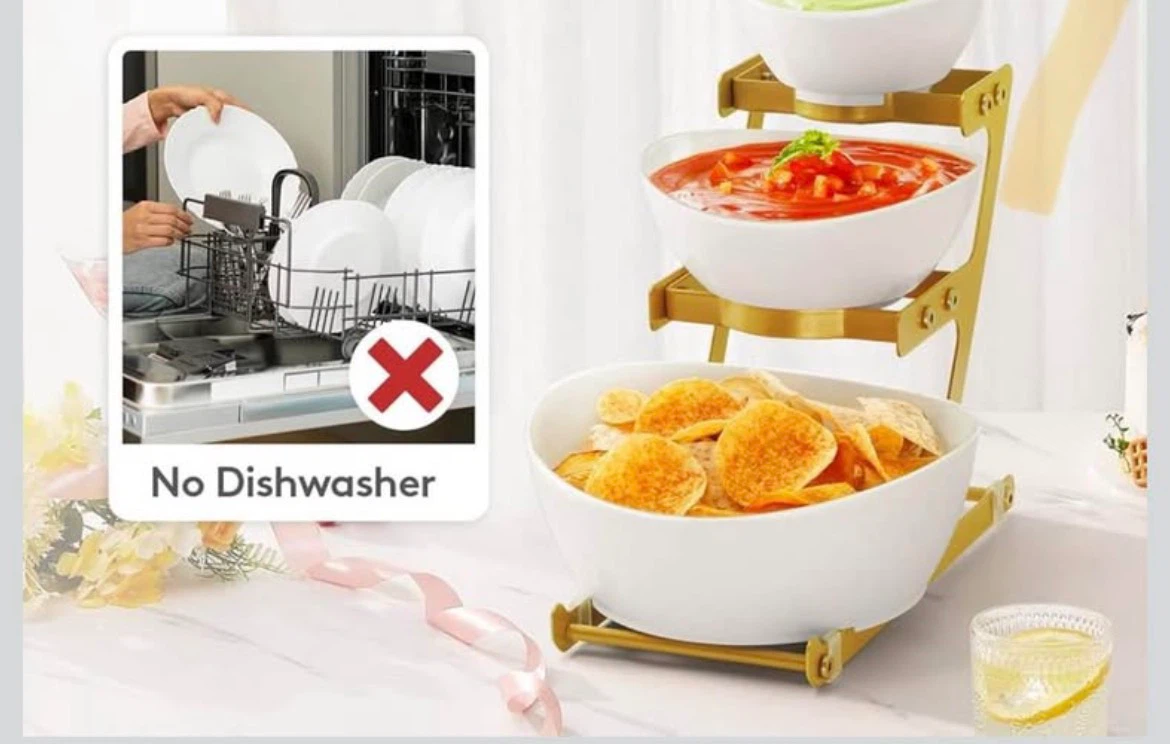 3-Tier Plastic Serving Bowls with Gold Metal Stand - photo 2