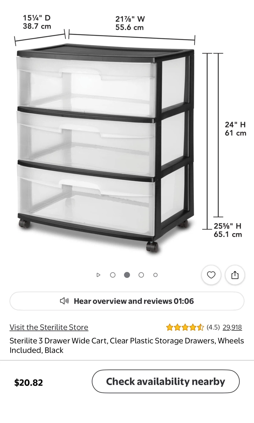 “ 2 “ Sterilite 3 Drawer Wide Cart, Black