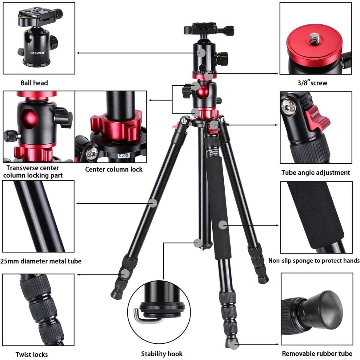 NEEWER TP-MFAA Aluminum Camera Tripod Monopod Macro Photo Video - photo 2