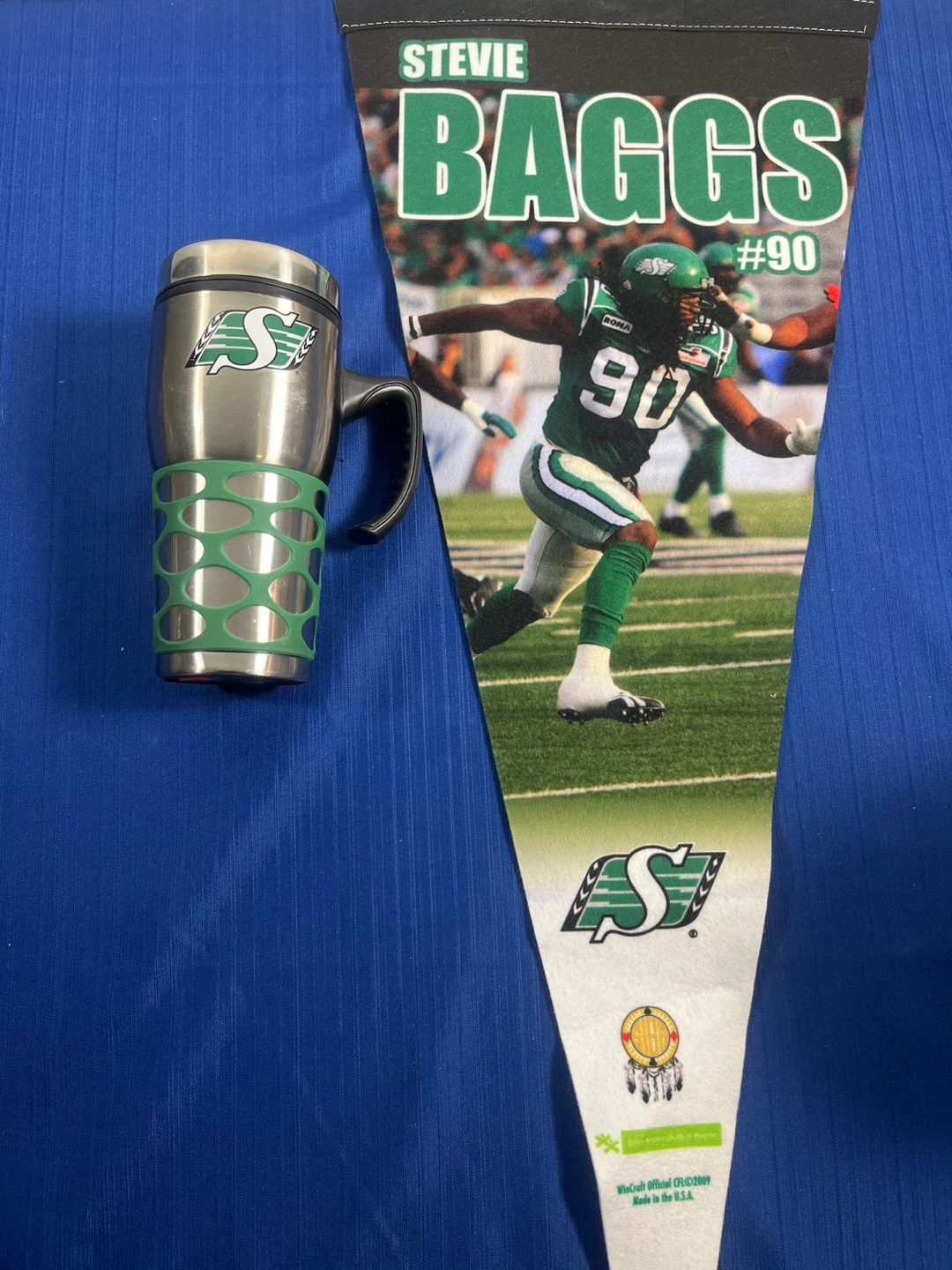 Saskatchewan Roughriders Travel Mug and Stevie Baggs Pennant