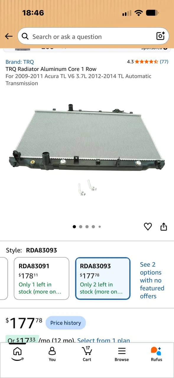 H1030 TRQ Radiator – Acura TL 2009–2014 – RDA83093 – New