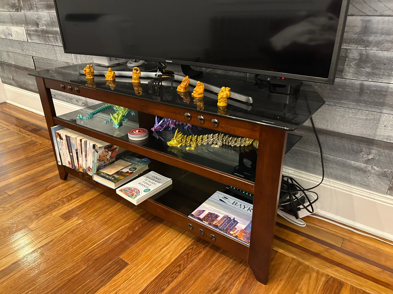 Wooden TV Stand with Glass Shelves