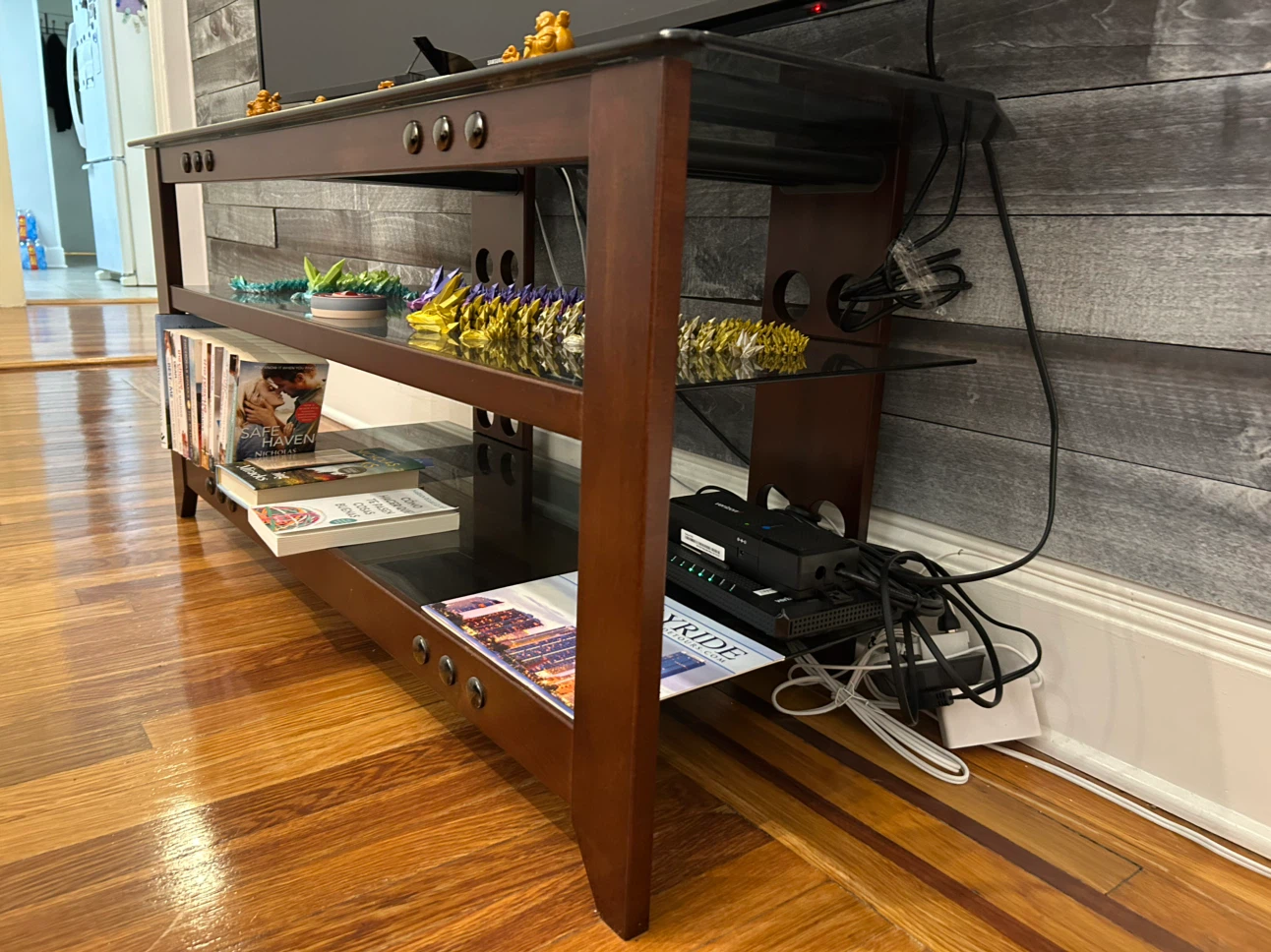 Wooden TV Stand with Glass Shelves - photo 2