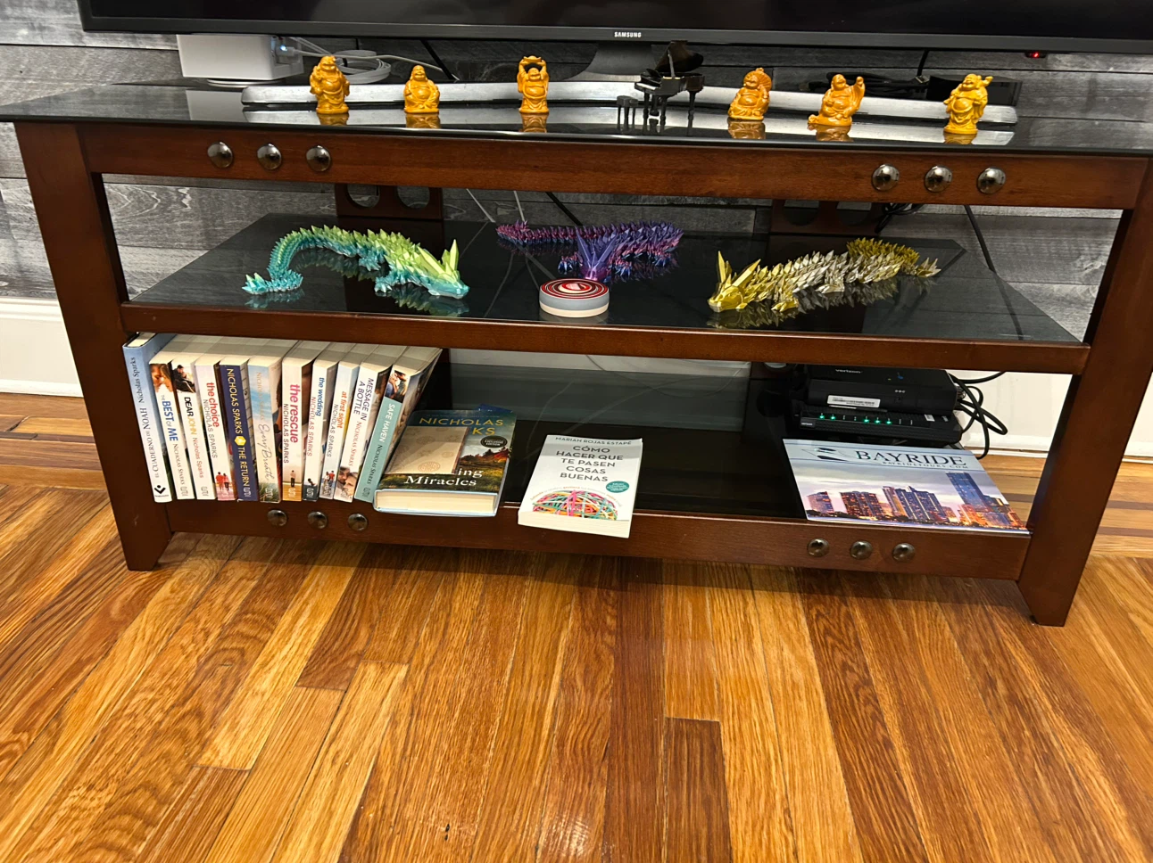Wooden TV Stand with Glass Shelves - photo 3