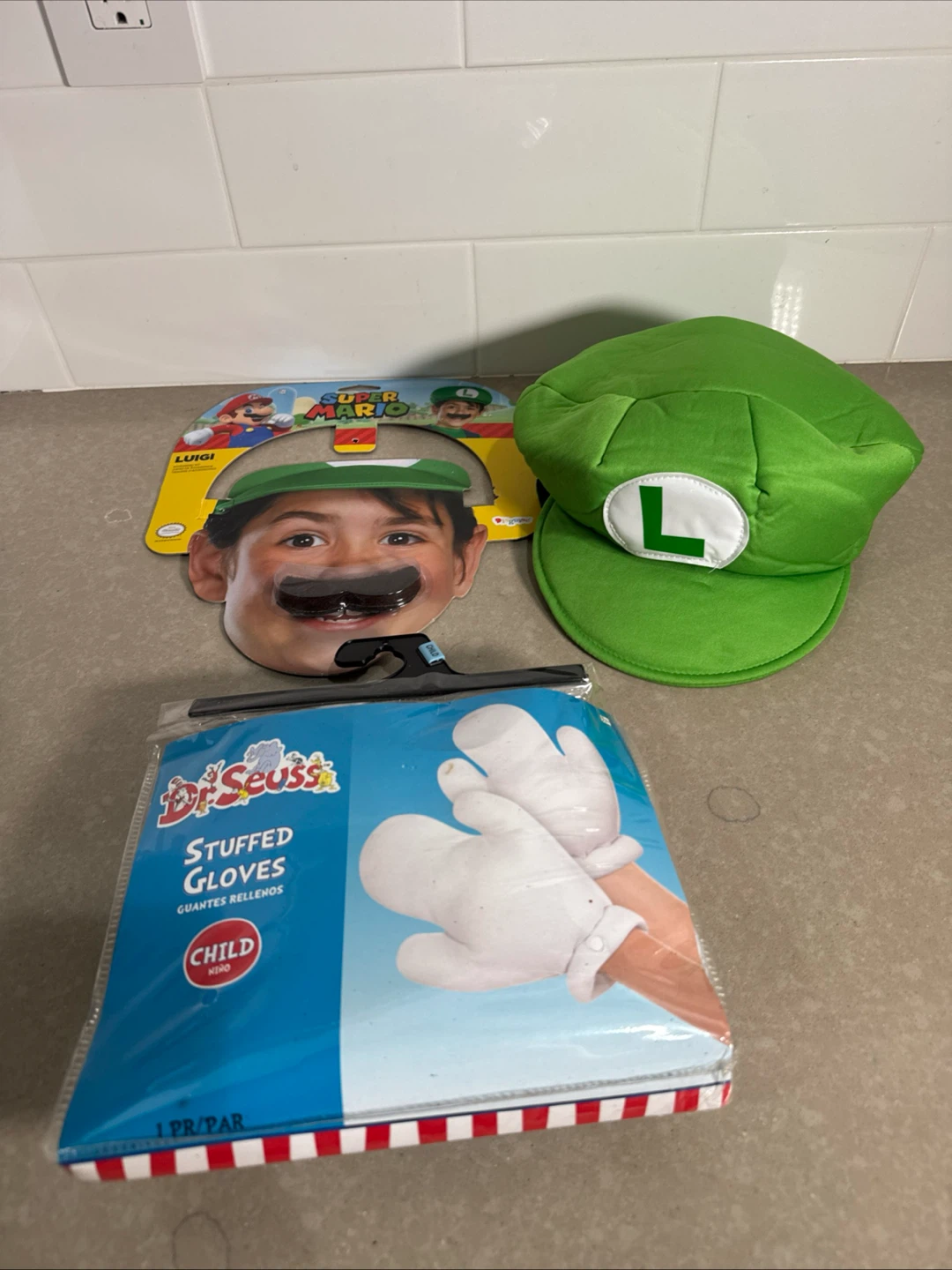 Super Mario Luigi Accessory Kit and Dr. Seuss Gloves