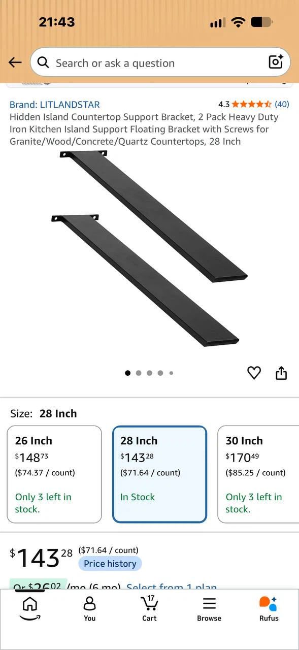 H1038 LITLANDSTAR 28” Hidden Island Countertop Support Brackets