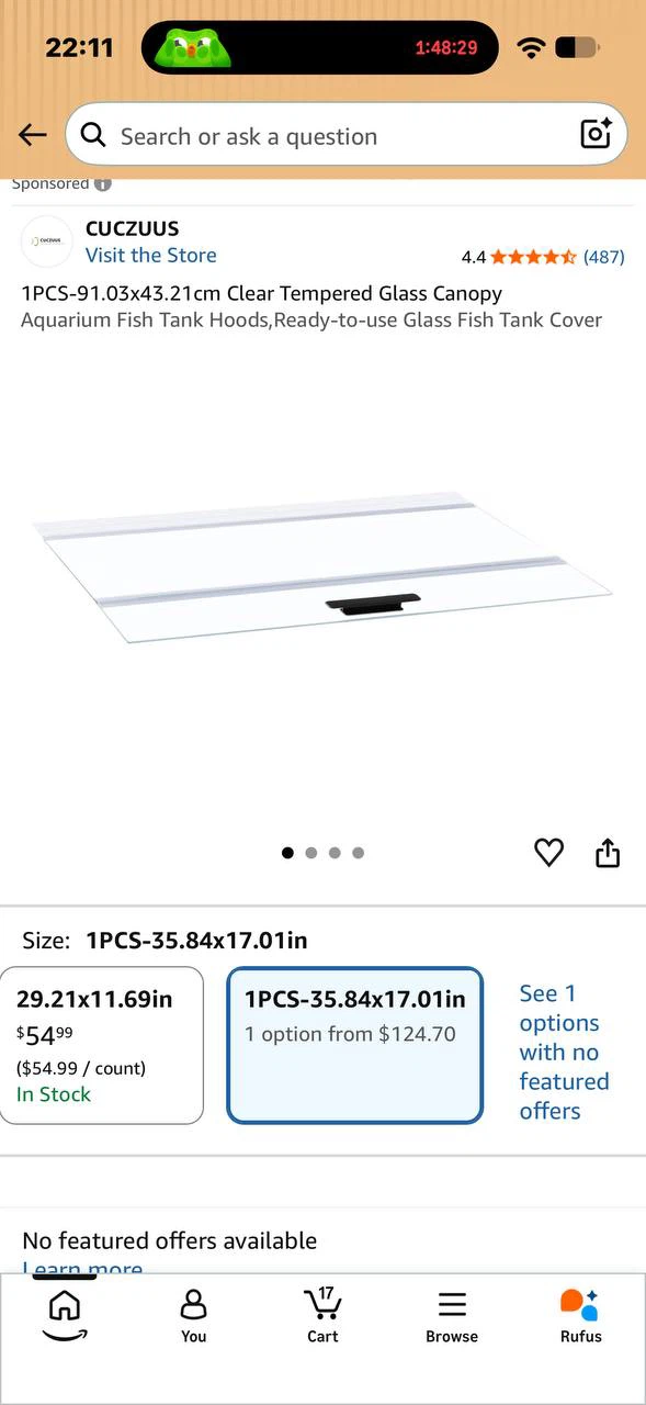 H1040 CUCZUUS 35.84” x 17.01” Tempered Glass Aquarium Canopy