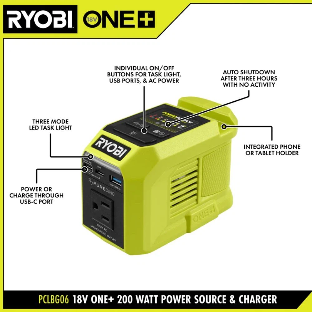 RYOBI 18V ONE+ 200-Watt Portable Battery Inverter Power Source - photo 2