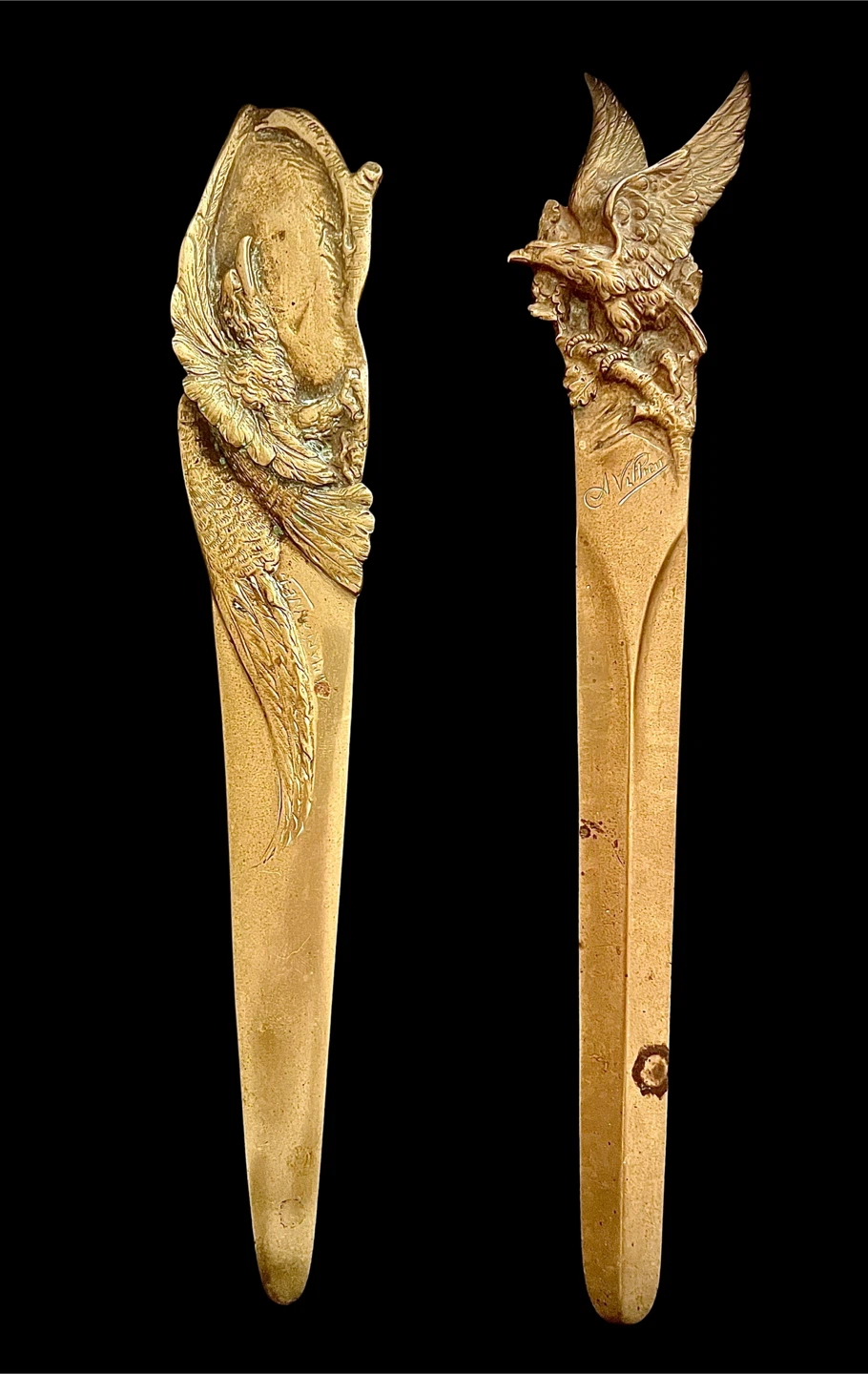 Antique French Bronze Letter Openers Pair, Art Nouveau c1900