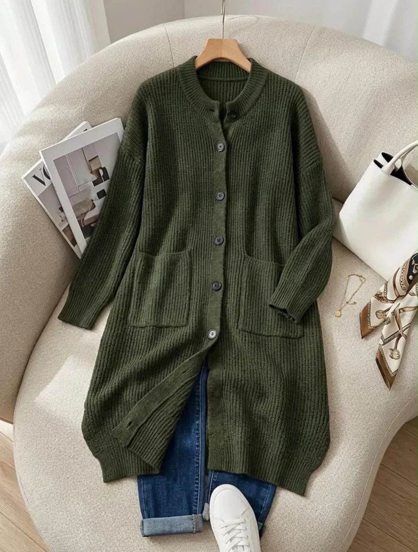 Olive Green Long Knit Cardigan - photo 3