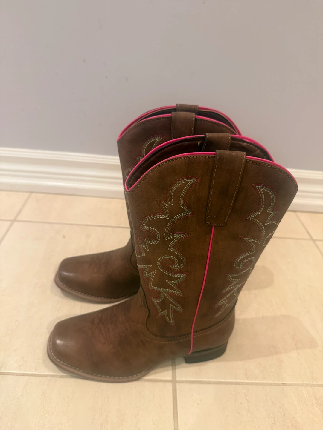 Women's Brown Cowboy Boots with Pink Details