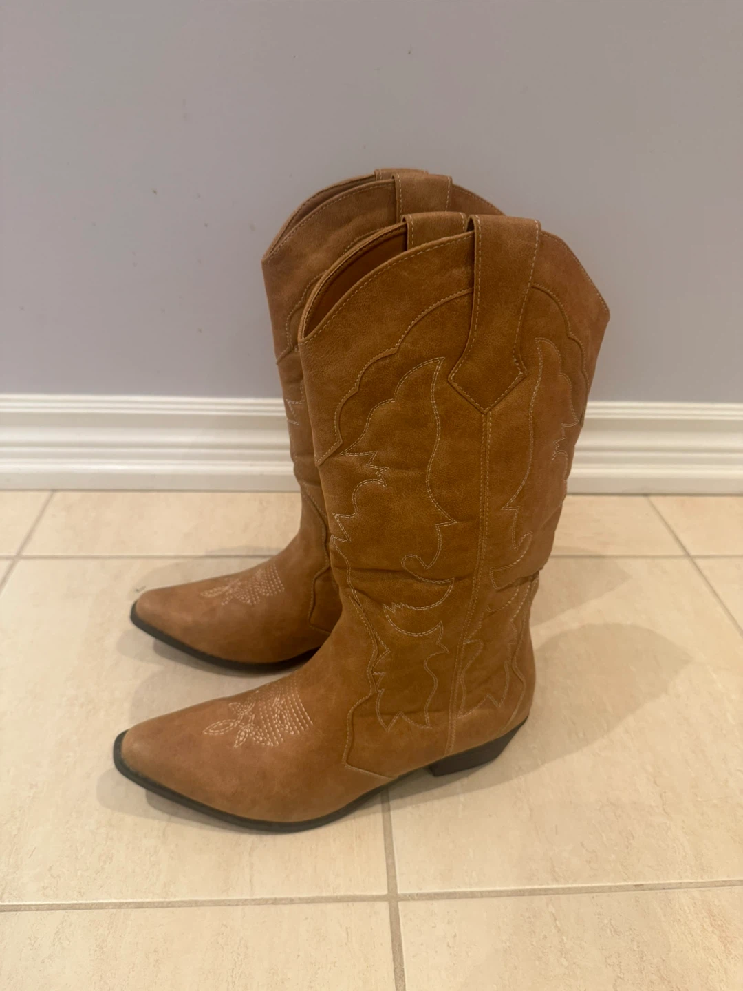Tan Faux Suede Western Cowboy Boots