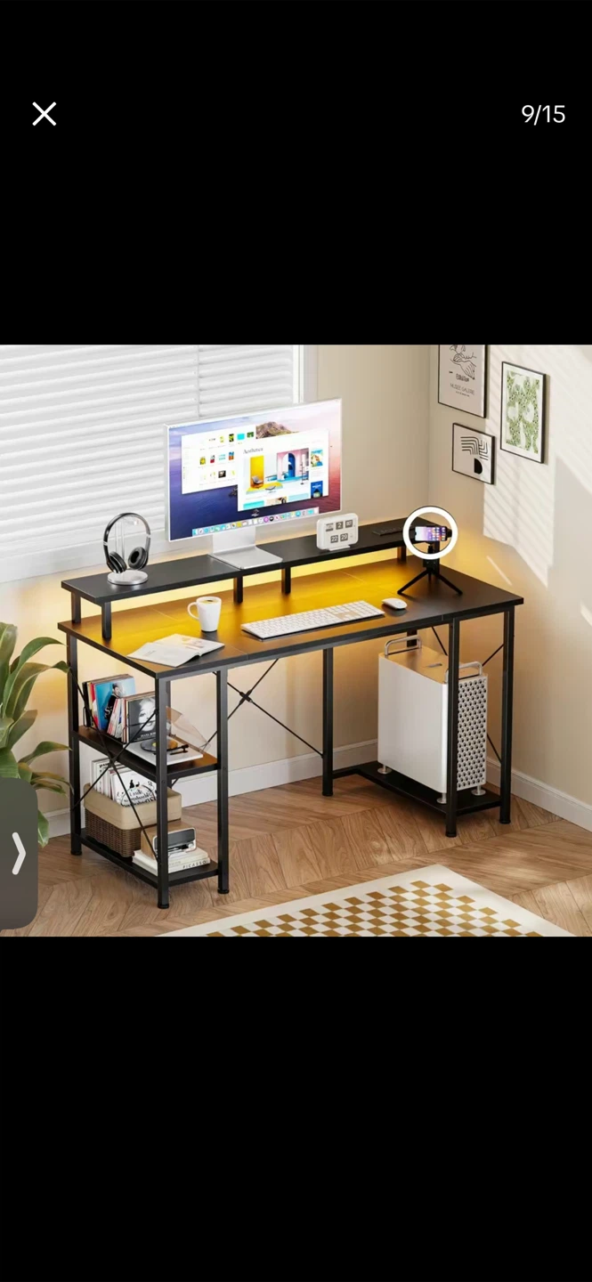 Black Gaming Desk with Monitor Stand and Power Outlets