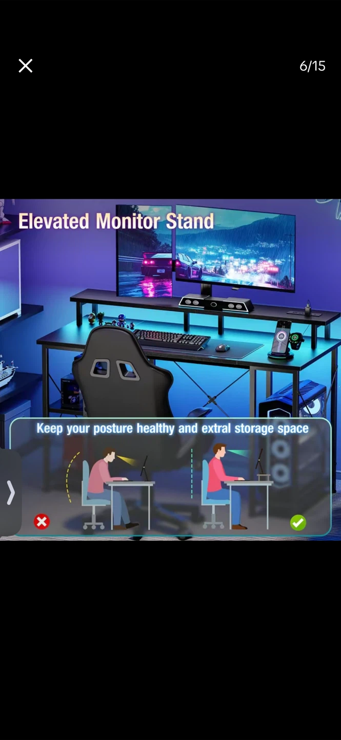 Black Gaming Desk with Monitor Stand and Power Outlets - photo 3