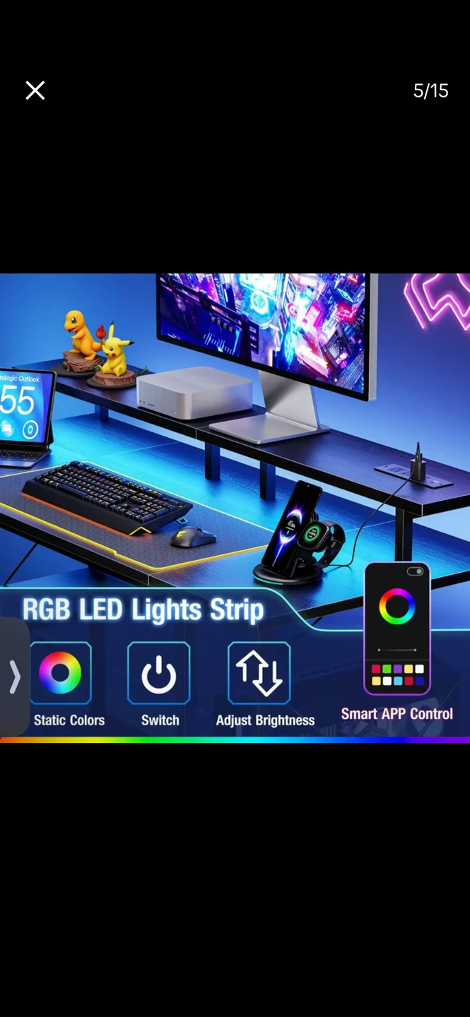 Black Gaming Desk with Monitor Stand and Power Outlets - photo 4