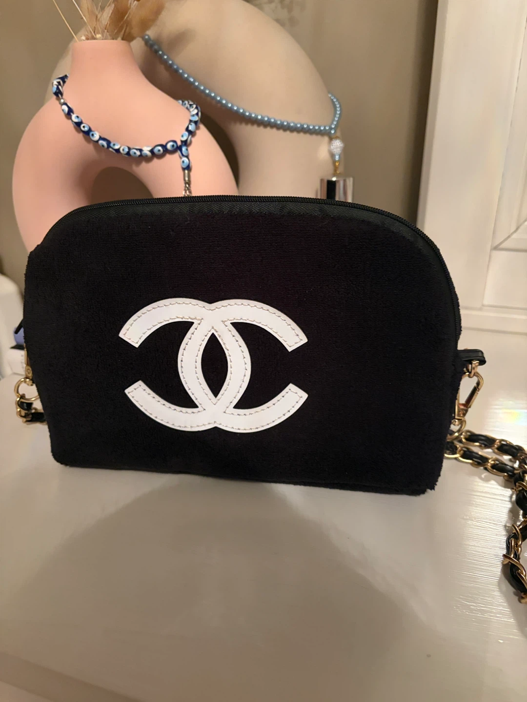 Black Chanel Terry Cloth Pouch with Chain Strap