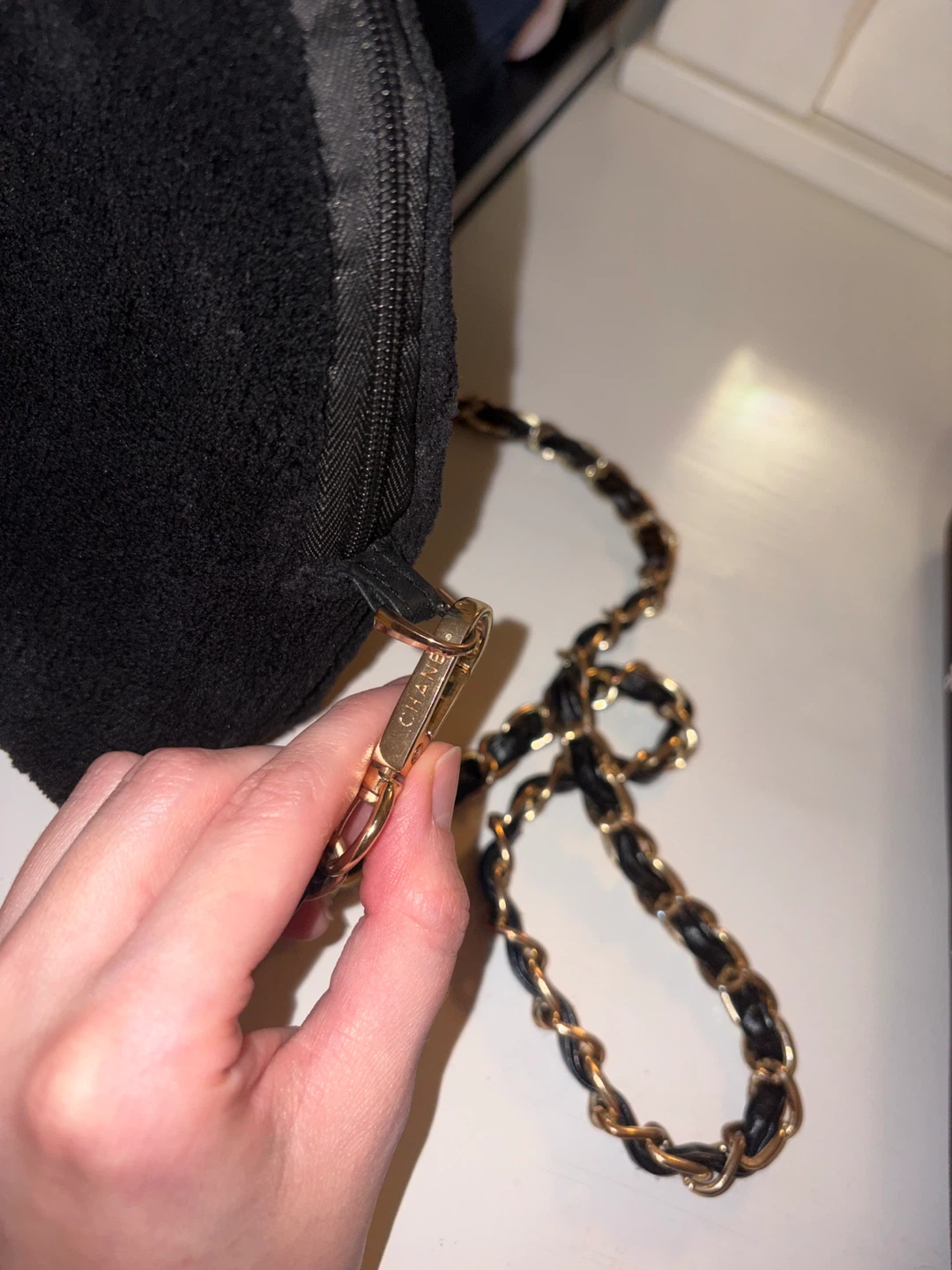 Black Chanel Terry Cloth Pouch with Chain Strap - photo 2