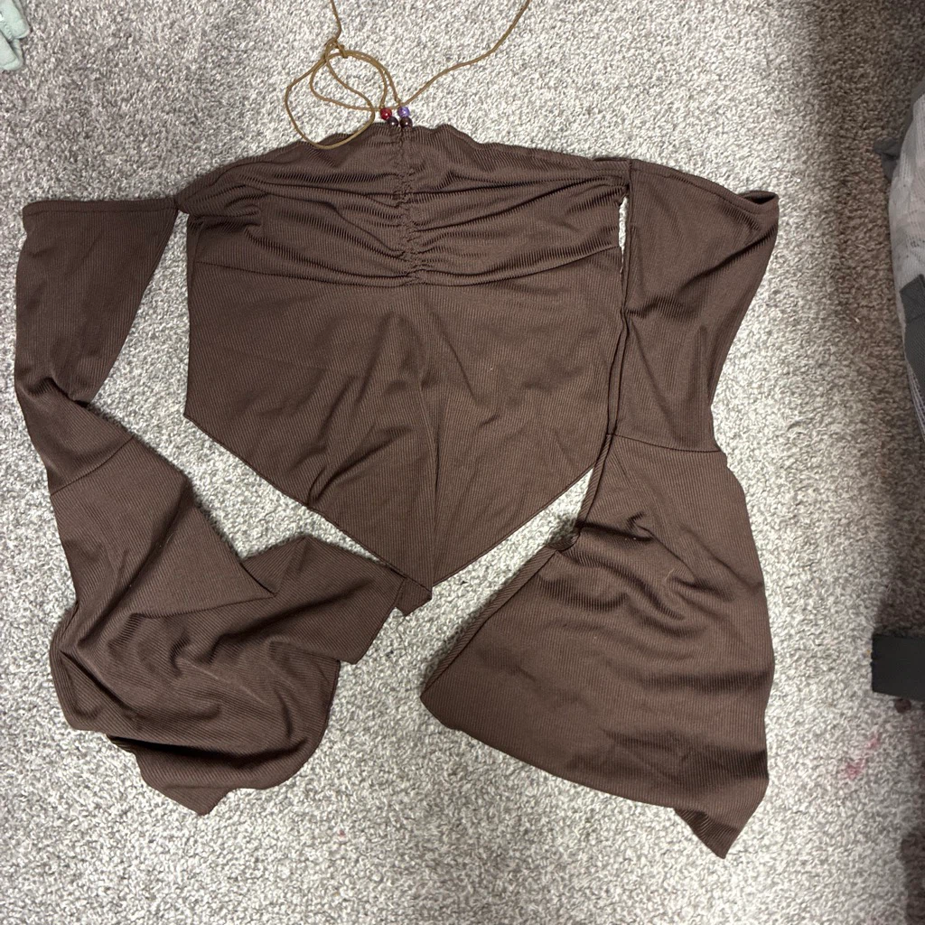 Brown Off-the-Shoulder Long Sleeve Top