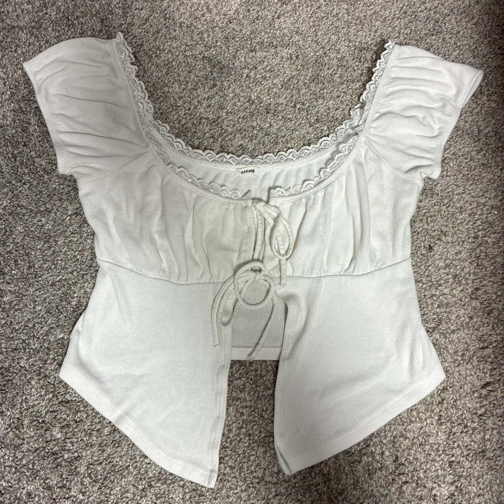 Garage white lace trim tie front top