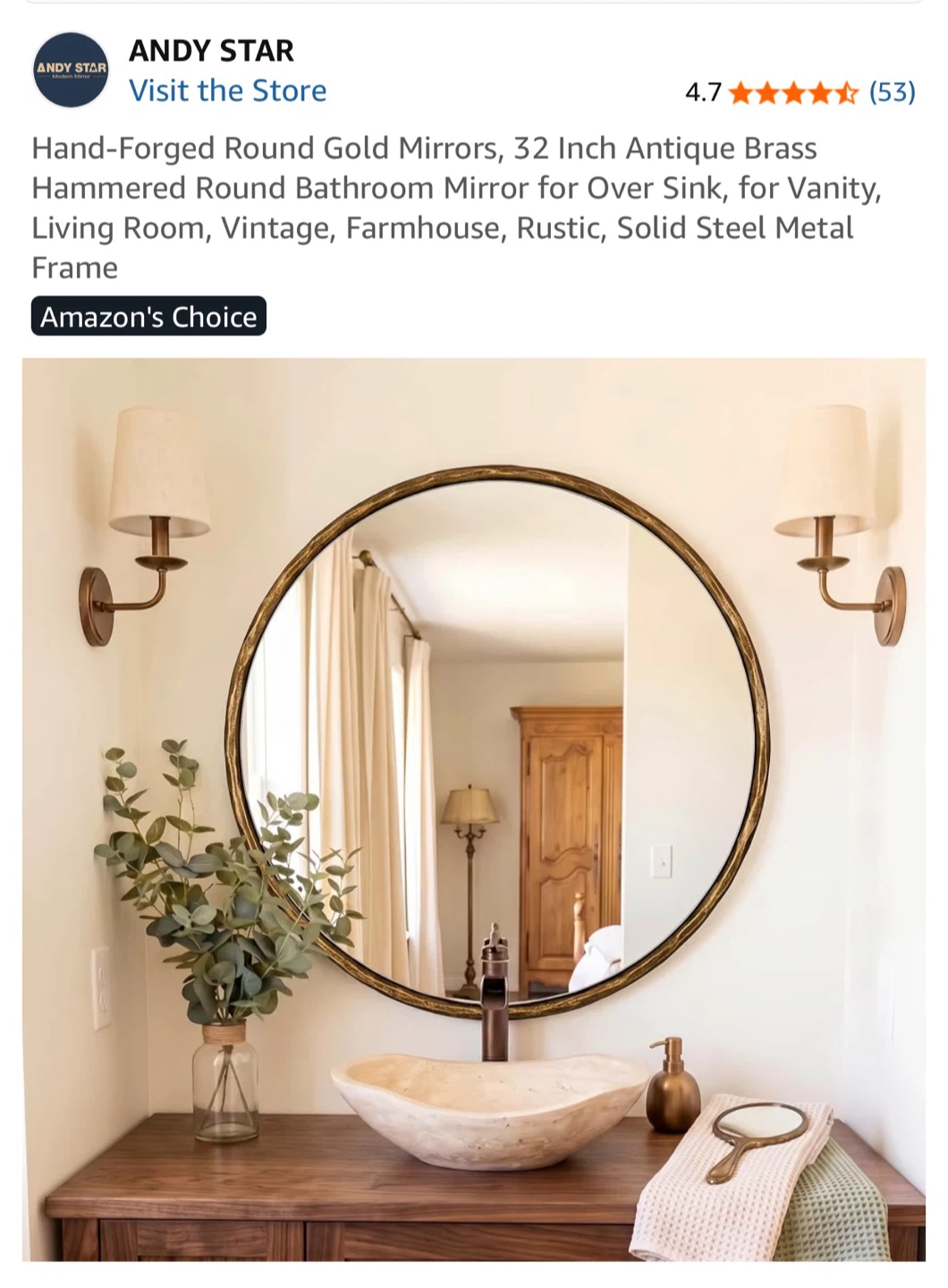 ANDY STAR 32 Inch Round Antique Brass Mirror