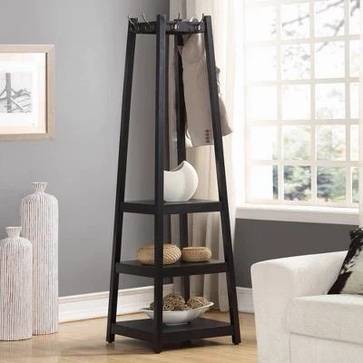 Black Wooden Coat Rack with Shelving