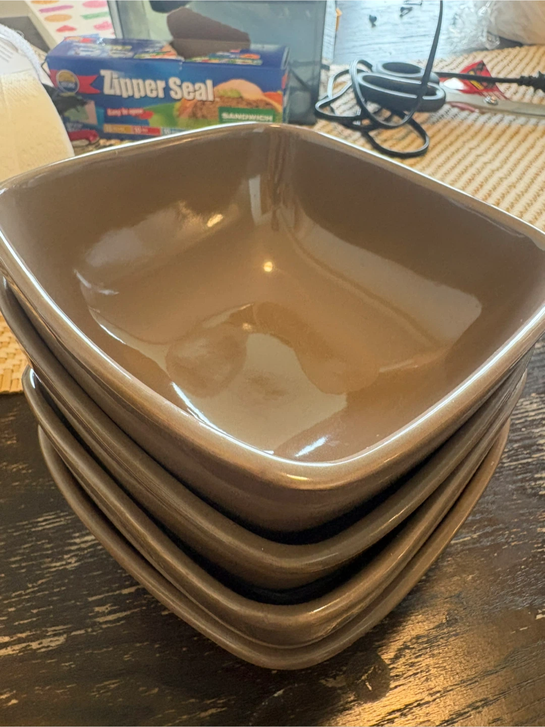 Set of 4 Square Brown Ceramic Bowls