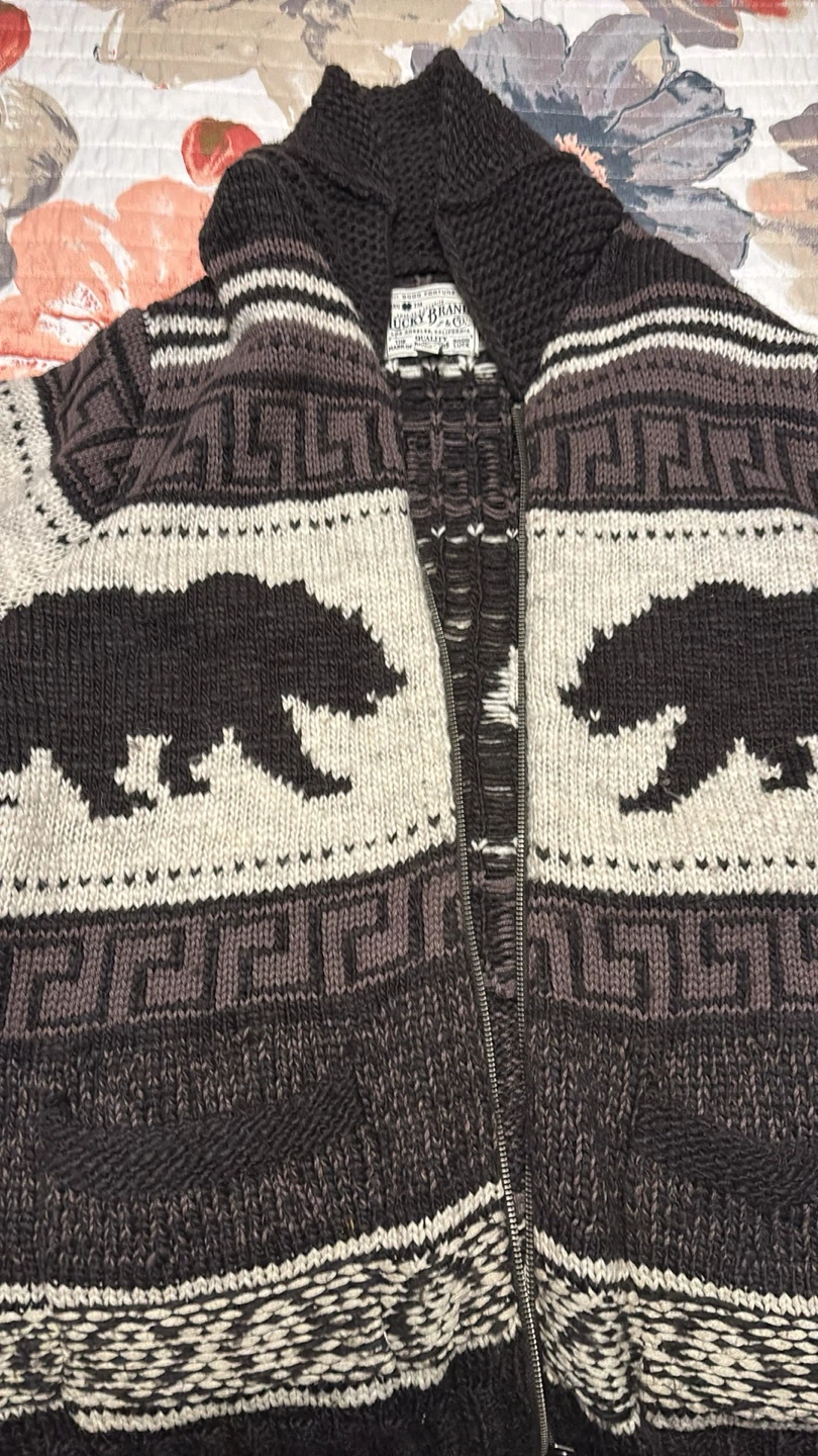 Lucky Brand Bear Print Zip-Up Cardigan