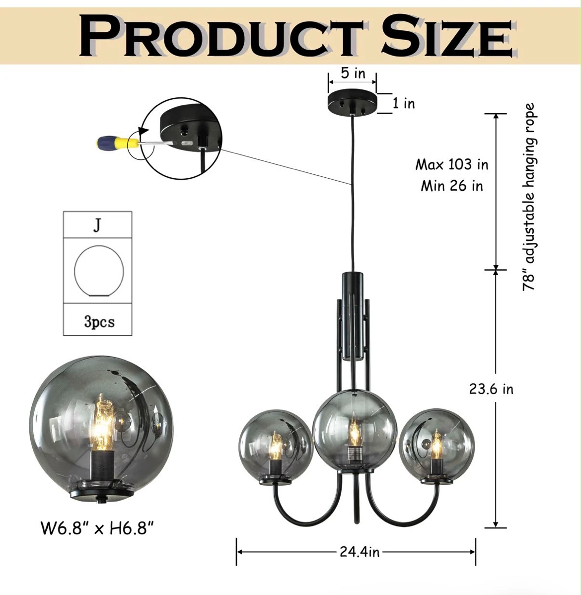 Aloadecor 3-Light Smoked Glass Globe Chandelier - photo 4