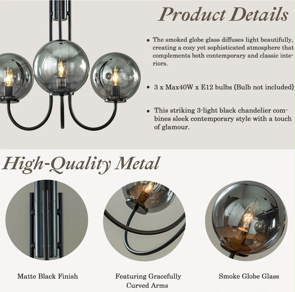 Aloadecor 3-Light Smoked Glass Globe Chandelier - photo 5