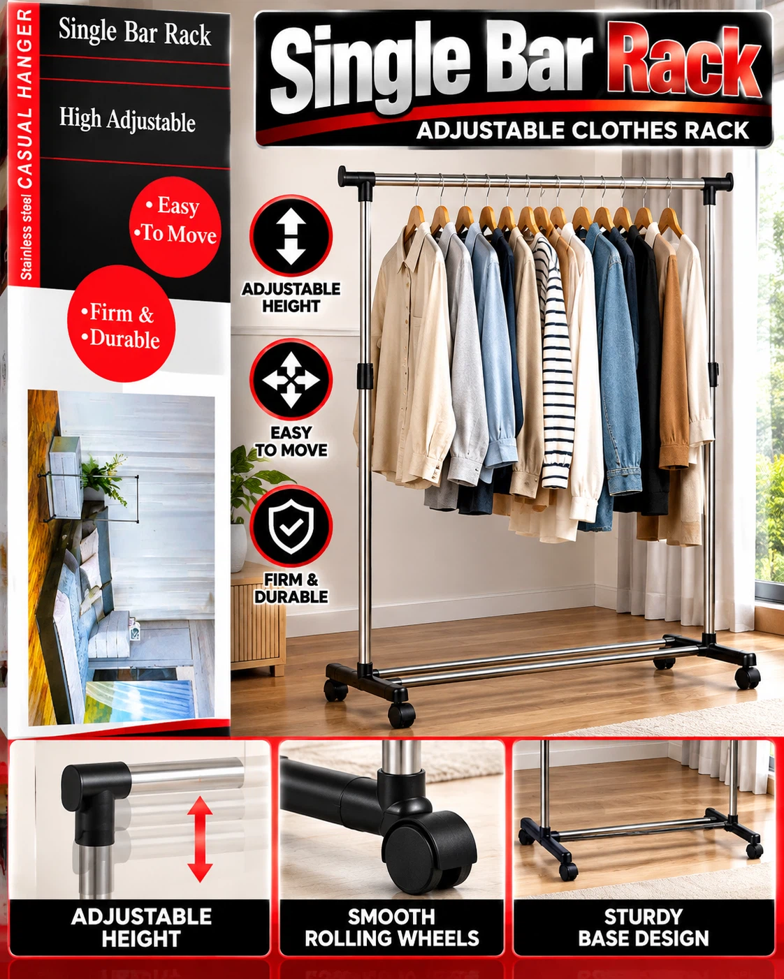 Adjustable Single Bar Rolling Clothes Rack