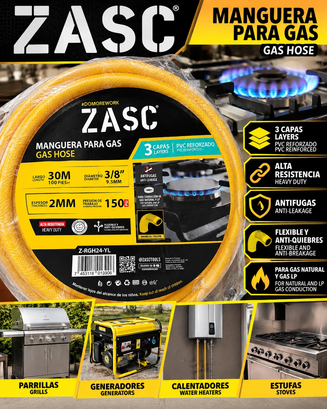 ZASC Reinforced PVC Gas Hose 30m 3/8 Inch