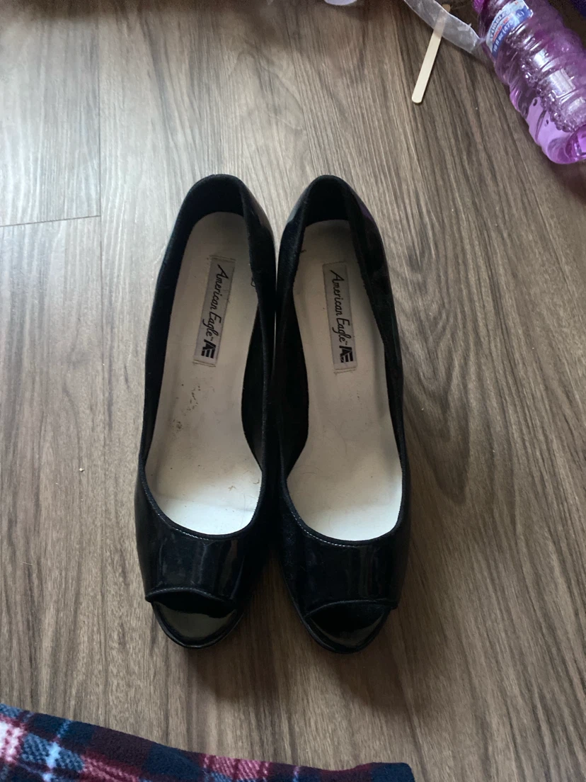 Black Patent Peep-Toe Wedges with Striped Heels - photo 3