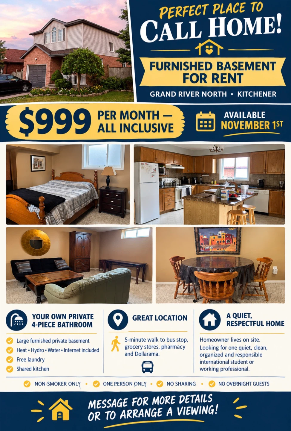 Furnished basement for rent in Grand River North