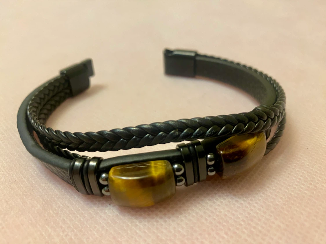 Tiger Eye Stone and Leather Unisex Bracelet