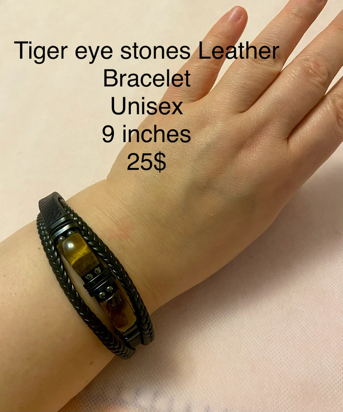 Tiger Eye Stone and Leather Unisex Bracelet - photo 2