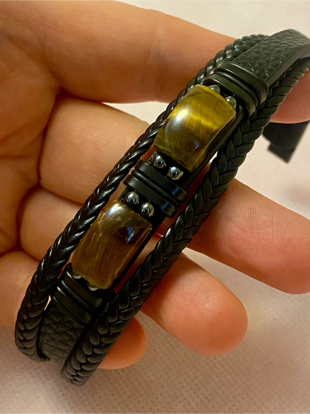 Tiger Eye Stone and Leather Unisex Bracelet - photo 3