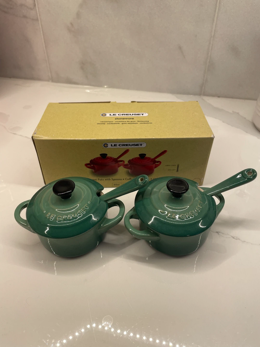 Le Creuset Mini Condiment Pots with Spoons, Fennel Green
