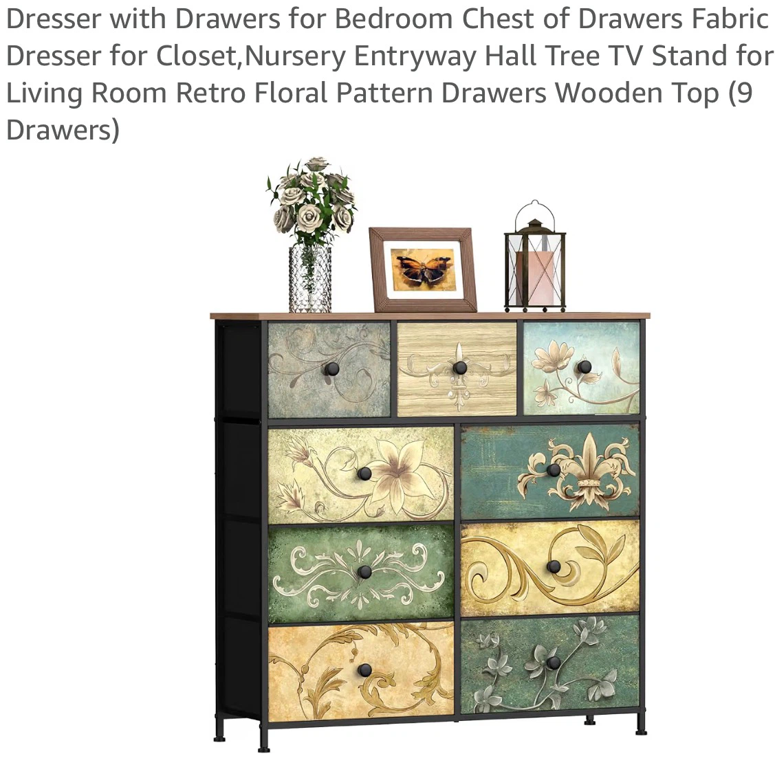 9-Drawer Retro Floral Pattern Fabric Dresser