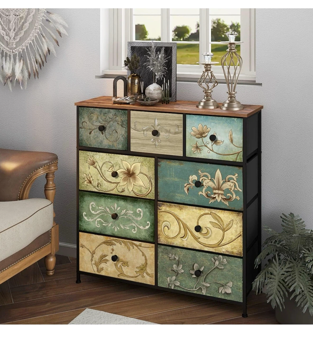 9-Drawer Retro Floral Pattern Fabric Dresser - photo 4