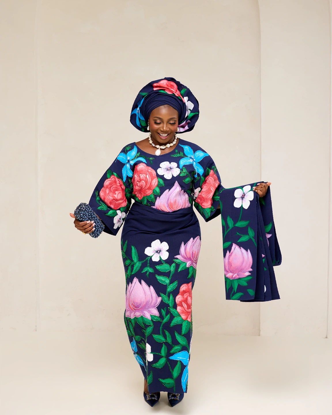 Floral Print Matching Hand Painted Aso-oke Set with Headwrap