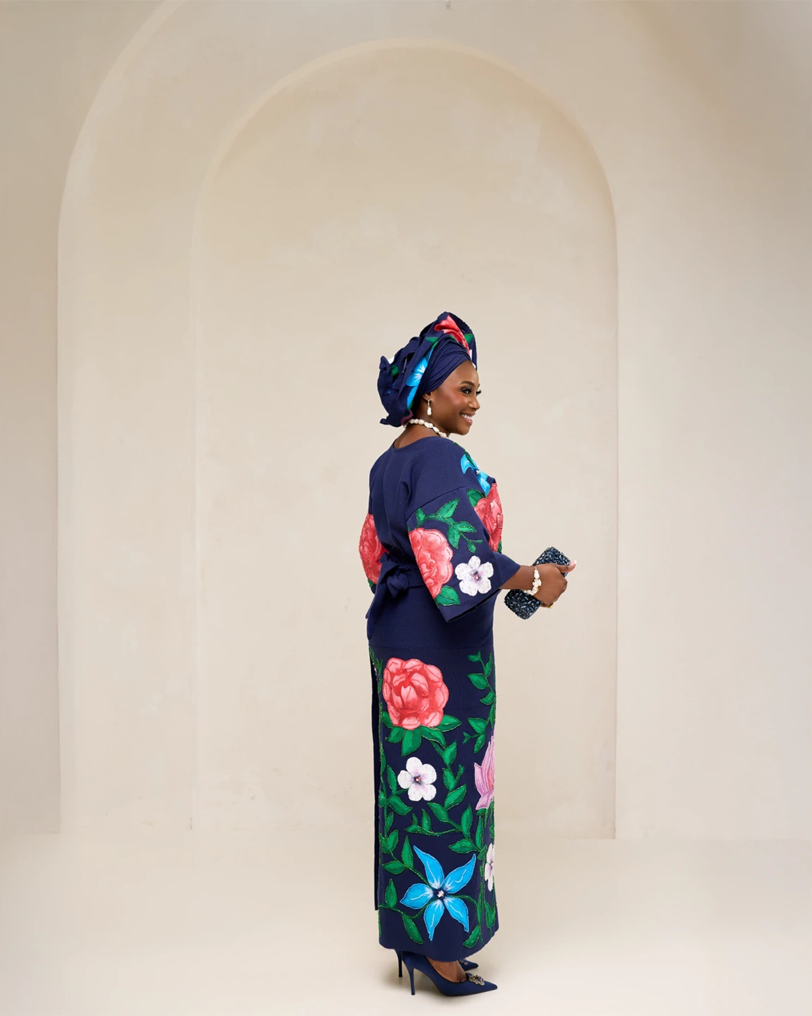 Floral Print Matching Hand Painted Aso-oke Set with Headwrap - photo 2