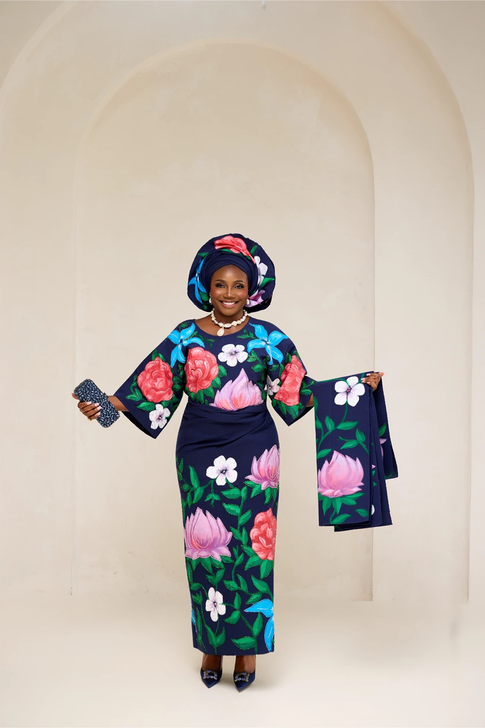 Floral Print Matching Hand Painted Aso-oke Set with Headwrap - photo 3