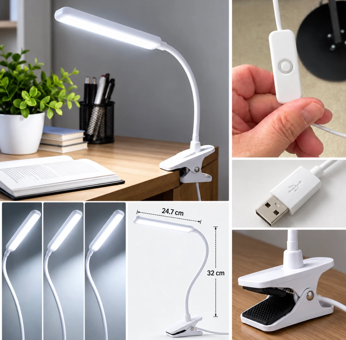 White USB LED Clip-On Desk Lamp